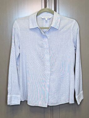 Elizabeth and James Blue Micro-Stripe Cotton Popover Blouse - Size XS